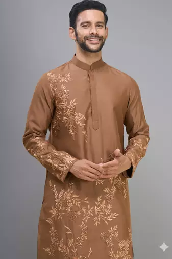 coffee silk kurta pant set with embroidered work