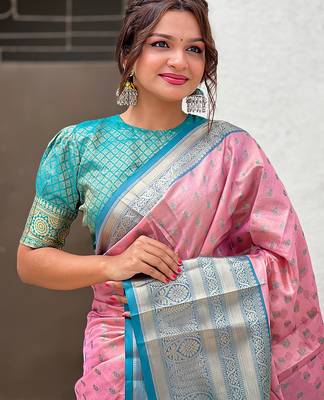 Pink woven self design embellished tissue kanjivaram saree with blouse 2