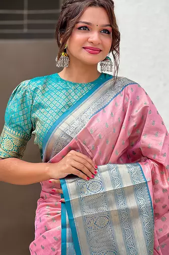 Pink woven self design embellished tissue kanjivaram saree with blouse