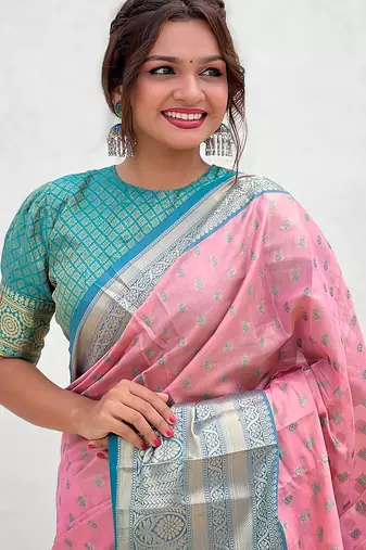 Pink woven self design embellished tissue kanjivaram saree with blouse