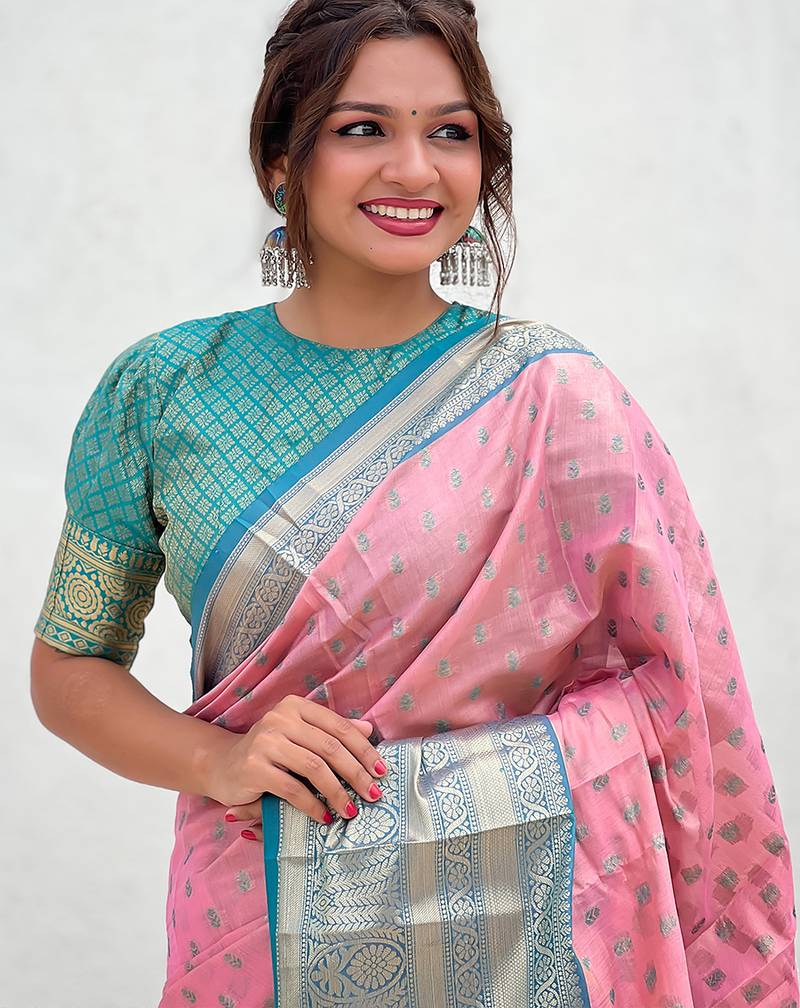 Pink woven self design embellished tissue kanjivaram saree with blouse