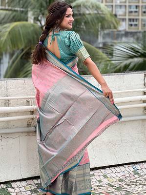 Pink woven self design embellished tissue kanjivaram saree with blouse 4