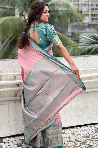 Pink woven self design embellished tissue kanjivaram saree with blouse