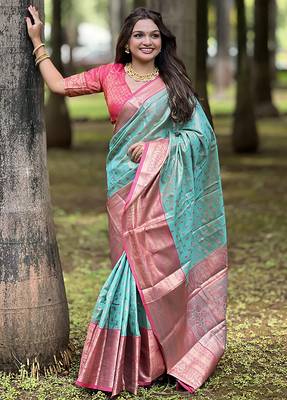 Sky blue woven self design embellished tissue kanjivaram saree with blouse 1