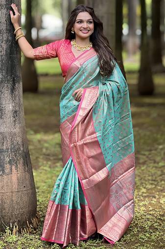 Sky blue woven self design embellished tissue kanjivaram saree with blouse