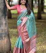 Sky blue woven self design embellished tissue kanjivaram saree with blouse