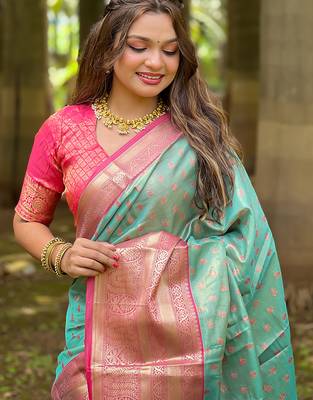Sky blue woven self design embellished tissue kanjivaram saree with blouse 2