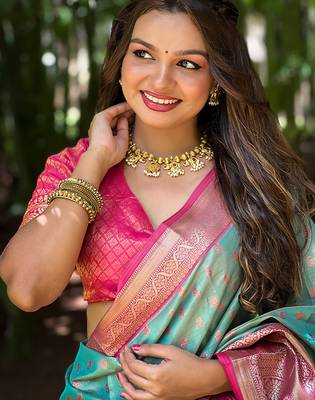 Sky blue woven self design embellished tissue kanjivaram saree with blouse 3