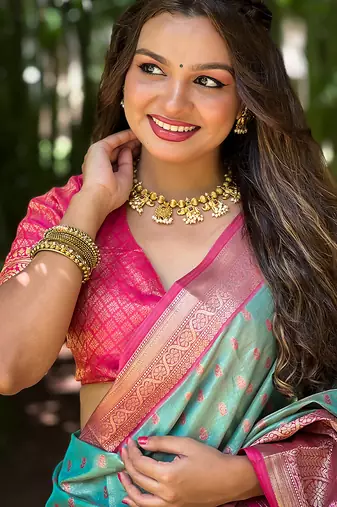 Sky blue woven self design embellished tissue kanjivaram saree with blouse