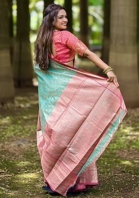 Sky blue woven self design embellished tissue kanjivaram saree with blouse 4