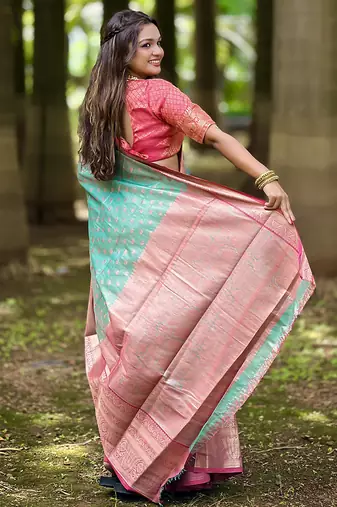 Sky blue woven self design embellished tissue kanjivaram saree with blouse