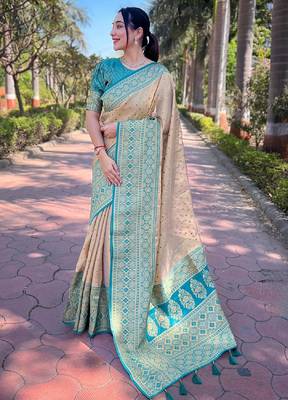 Beige woven self design embellished tissue kanjivaram saree with blouse 1