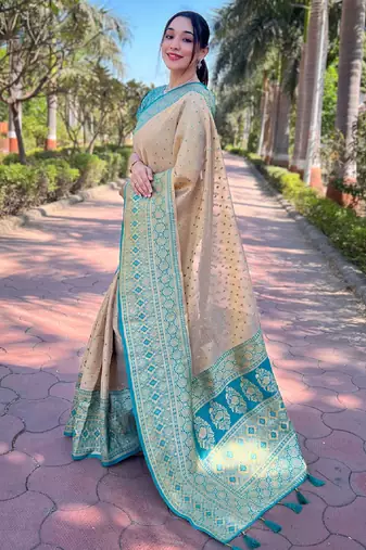Beige woven self design embellished tissue kanjivaram saree with blouse