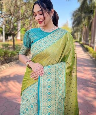 Green woven self design embellished tissue kanjivaram saree with blouse 2