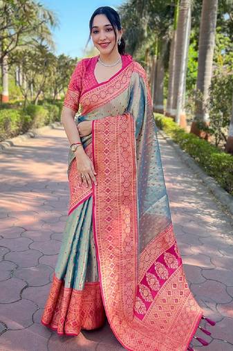 Grey woven self design embellished tissue kanjivaram saree with blouse