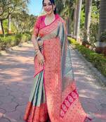 Grey woven self design embellished tissue kanjivaram saree with blouse