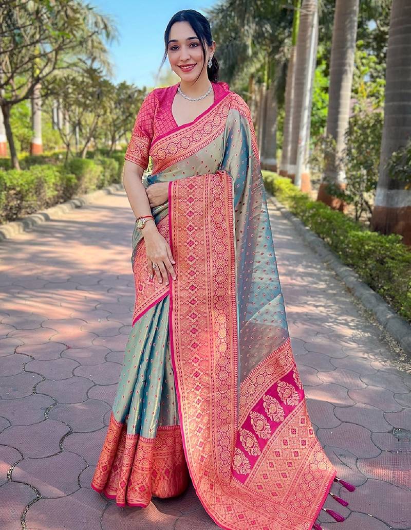 Grey woven self design embellished tissue kanjivaram saree with blouse