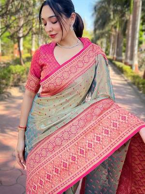 Grey woven self design embellished tissue kanjivaram saree with blouse 2