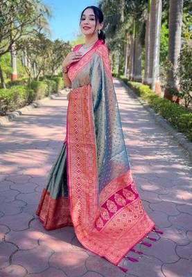 Grey woven self design embellished tissue kanjivaram saree with blouse 3
