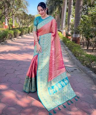 Pink woven self design embellished tissue kanjivaram saree with blouse 1