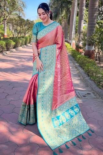 Pink woven self design embellished tissue kanjivaram saree with blouse