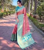 Pink woven self design embellished tissue kanjivaram saree with blouse