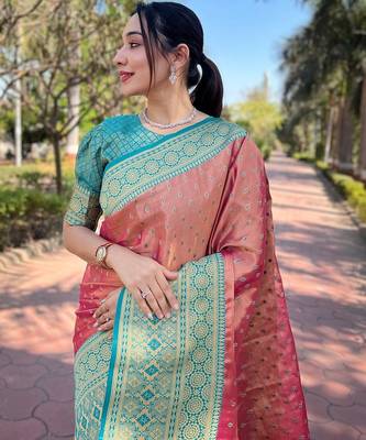 Pink woven self design embellished tissue kanjivaram saree with blouse 2