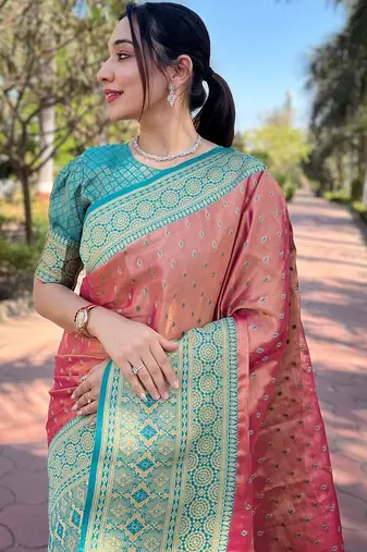Pink woven self design embellished tissue kanjivaram saree with blouse