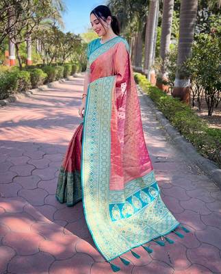 Pink woven self design embellished tissue kanjivaram saree with blouse 3