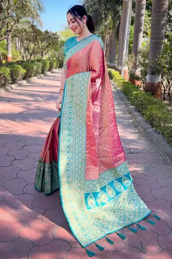 Pink woven self design embellished tissue kanjivaram saree with blouse