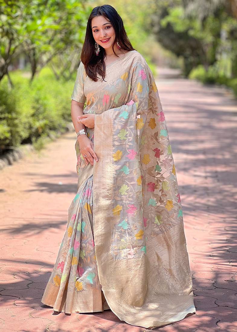 Grey woven embellished organza kanjivaram saree with blouse