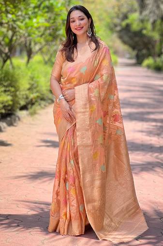 Peach woven embellished organza kanjivaram saree with blouse