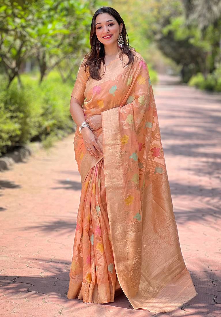 Peach woven embellished organza kanjivaram saree with blouse