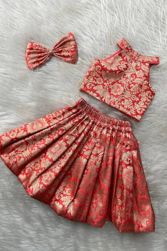 Red & gold brocade woven jacquard one-shoulder top with flared skirt ethnic co-ord set for girls