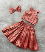 Red & gold brocade woven jacquard one-shoulder top with flared skirt ethnic co-ord set for girls