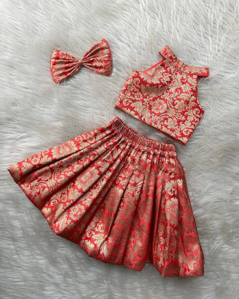 Red & gold brocade woven jacquard one-shoulder top with flared skirt ethnic co-ord set for girls