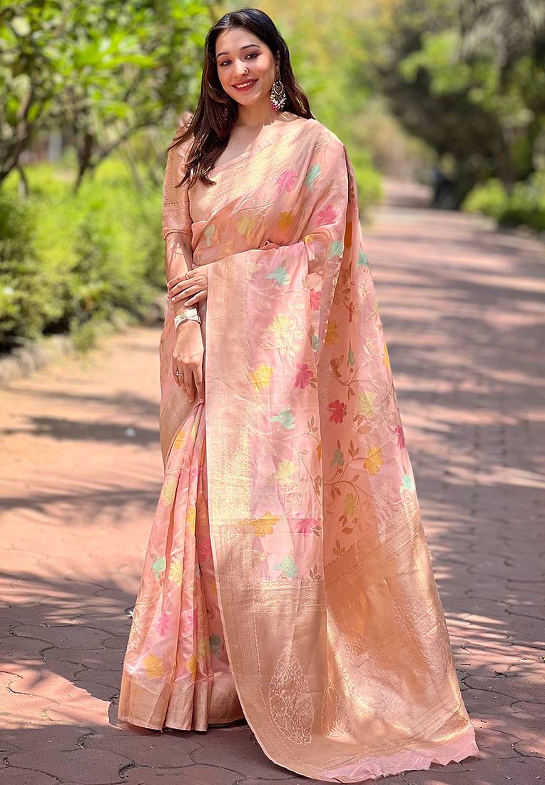Pink woven embellished organza kanjivaram saree with blouse