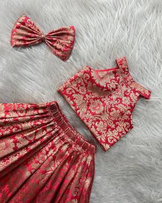 Red & gold brocade woven jacquard one-shoulder top with flared skirt ethnic co-ord set for girls 2