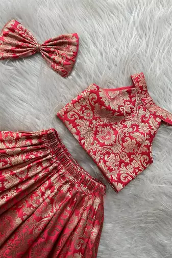 Red & gold brocade woven jacquard one-shoulder top with flared skirt ethnic co-ord set for girls