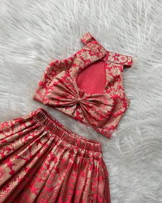 Red & gold brocade woven jacquard one-shoulder top with flared skirt ethnic co-ord set for girls 3