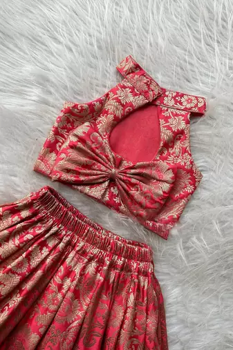 Red & gold brocade woven jacquard one-shoulder top with flared skirt ethnic co-ord set for girls