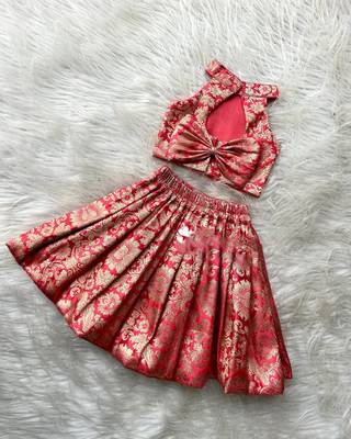 Red & gold brocade woven jacquard one-shoulder top with flared skirt ethnic co-ord set for girls 4