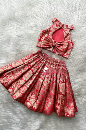 Red & gold brocade woven jacquard one-shoulder top with flared skirt ethnic co-ord set for girls