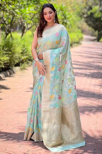 Sky blue woven embellished organza kanjivaram saree with blouse