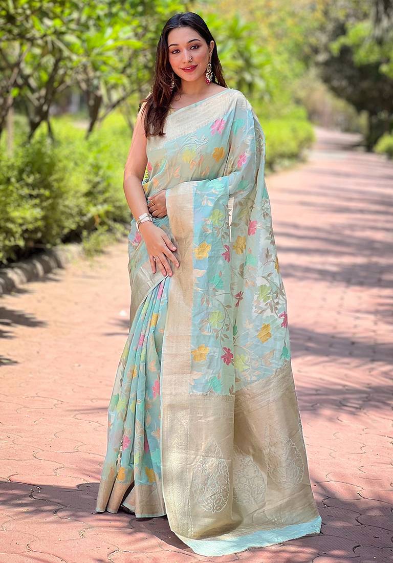 Sky blue woven embellished organza kanjivaram saree with blouse