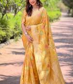 Yellow woven embellished organza kanjivaram saree with blouse