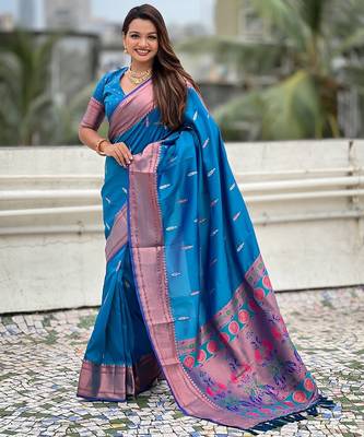 Blue woven self design pure silk paithani saree with blouse 1