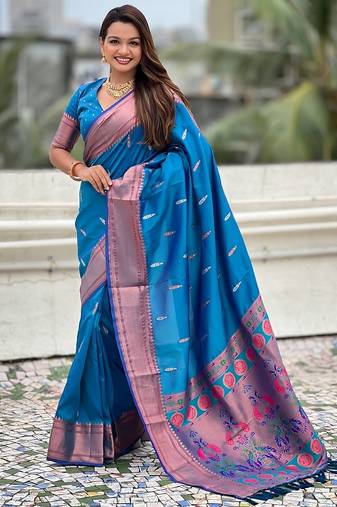 Blue woven self design pure silk paithani saree with blouse