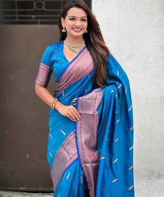 Blue woven self design pure silk paithani saree with blouse 2