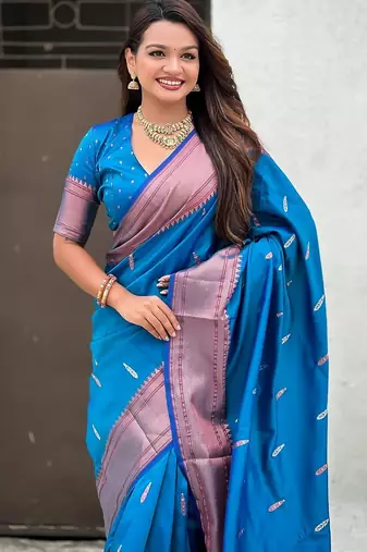 Blue woven self design pure silk paithani saree with blouse